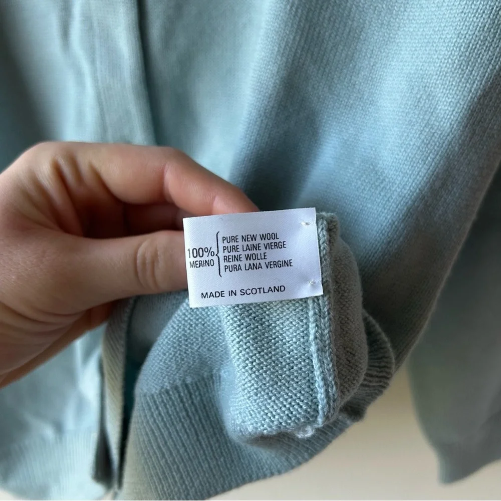 Vintage Harrods By Barrie 100% Merino Wool Made In Scotland Cardigan Egg Blue XL